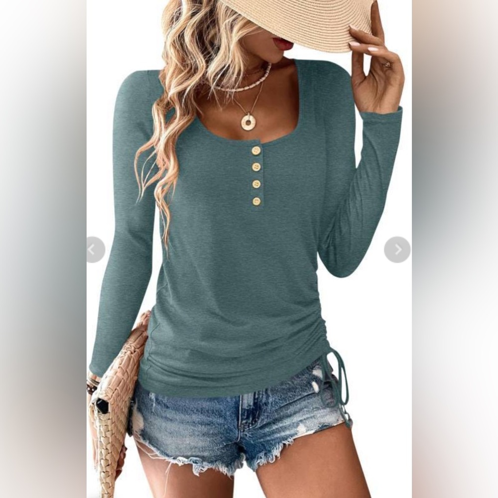 Square Neck Long Sleeve Button Down Tee Ruched Drawstring Side Dark Green S NWT